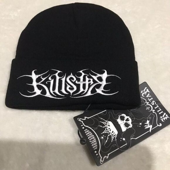 Killstar “Dusk” Unisex Beanie – Black Acrylic Knit Hat w/ White Embroidered Logo - Picture 2 of 6